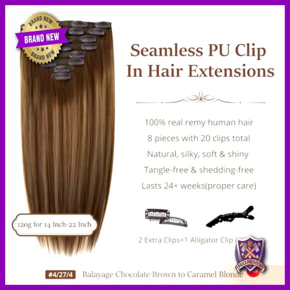 18 Inch Remy Human Hair Extensions, 8pcs 120g, Seamless PU Weft